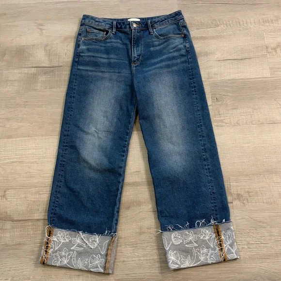 Driftwood Charlee Cuff Jeans Size 28 Floral Embroidered Raw Hem Blue - Picture 2 of 6